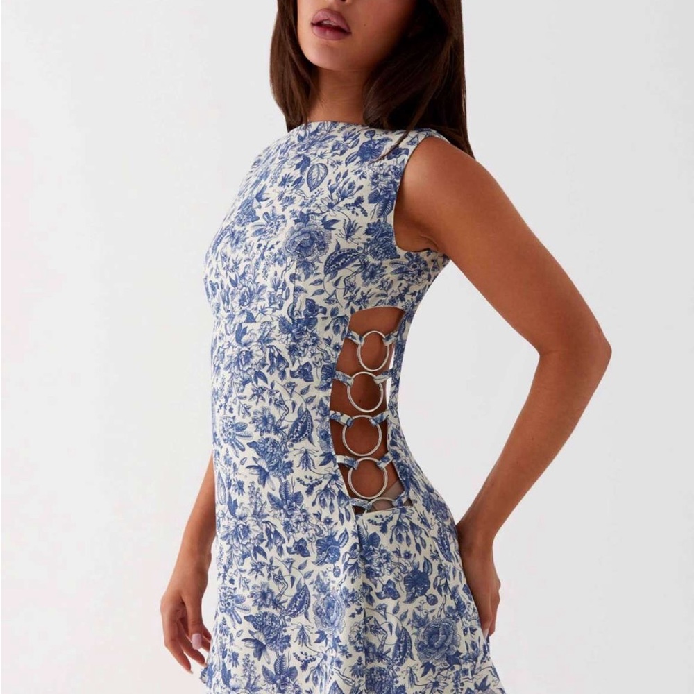 Peppermayo Blue and White Floral Backless Dress with Side Ring Detail